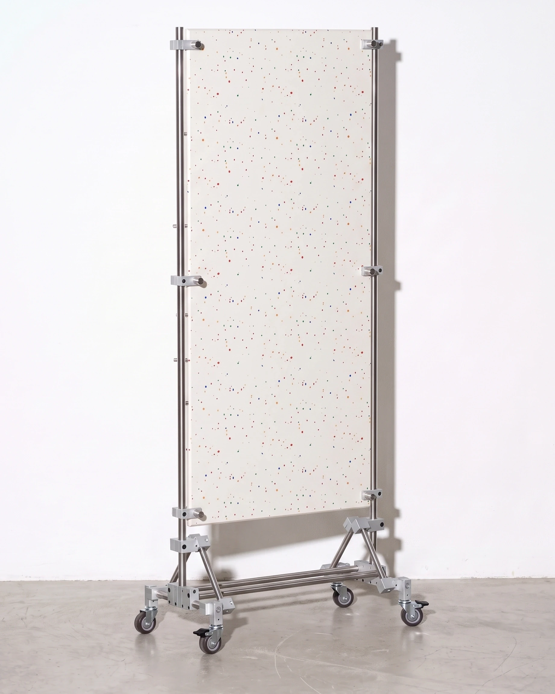 Curator, board stand 75 × 37 × 171, white, colour flecks: front left view