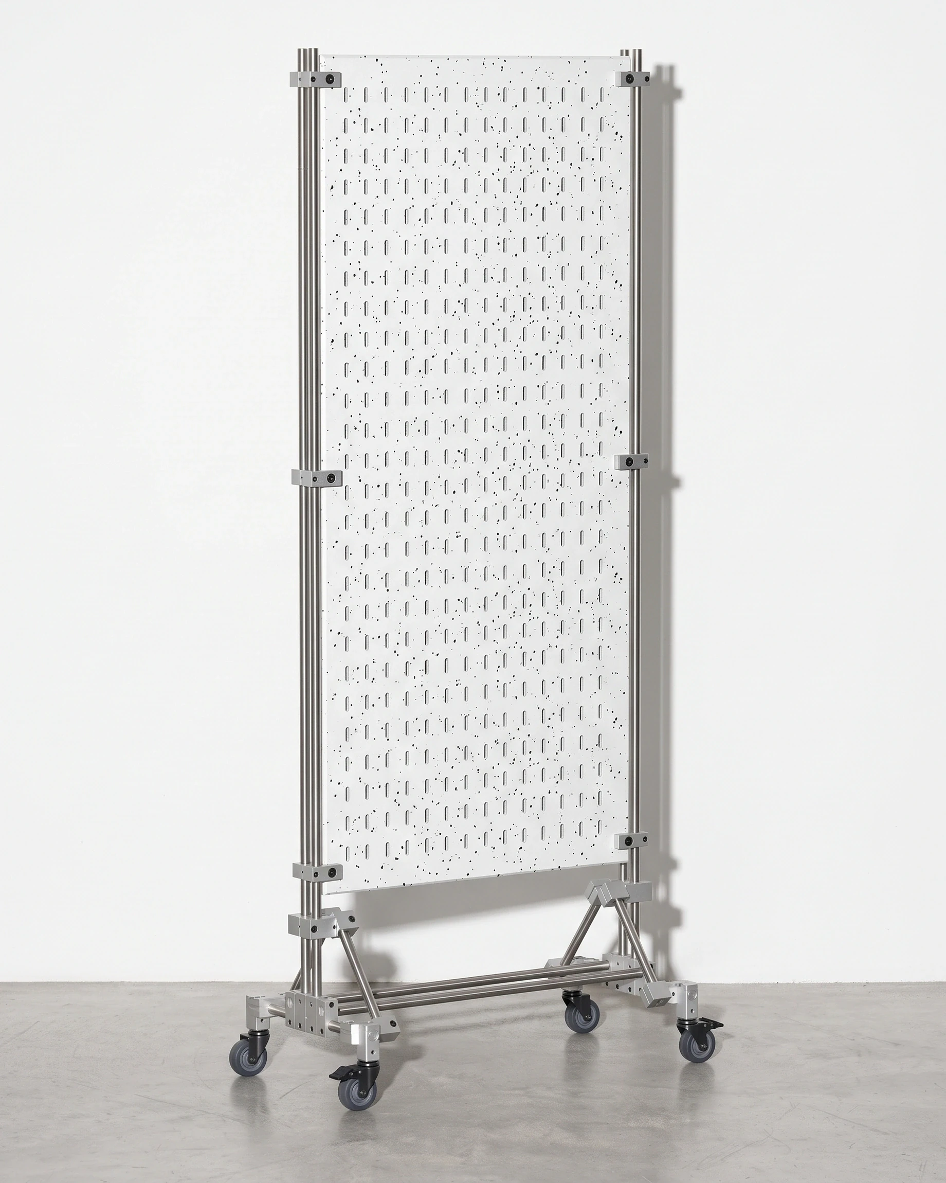 Workshop, pegboard stand for hooks, white, black flecks: front left view