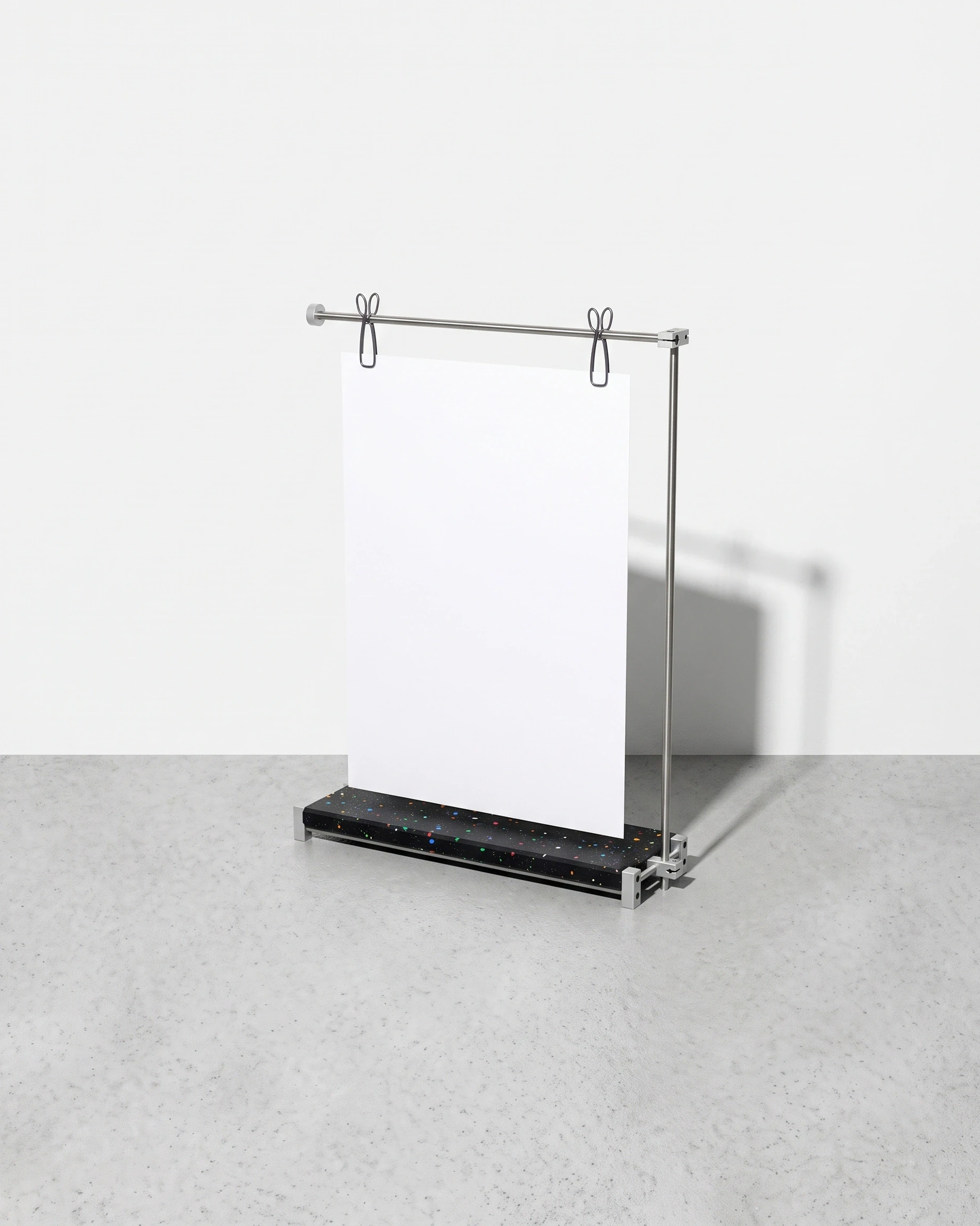Poster, clip stand for A3, black, colour flecks: front right view