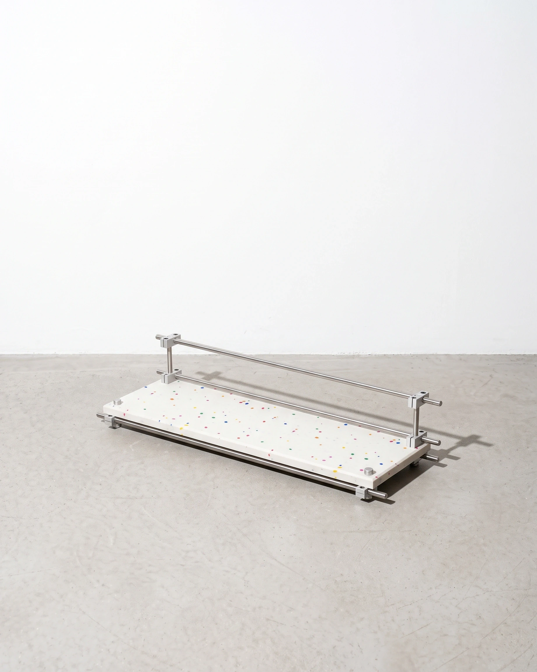 Perfumer, shelf with a raised edge 45 × 15, white, colour flecks: front right view