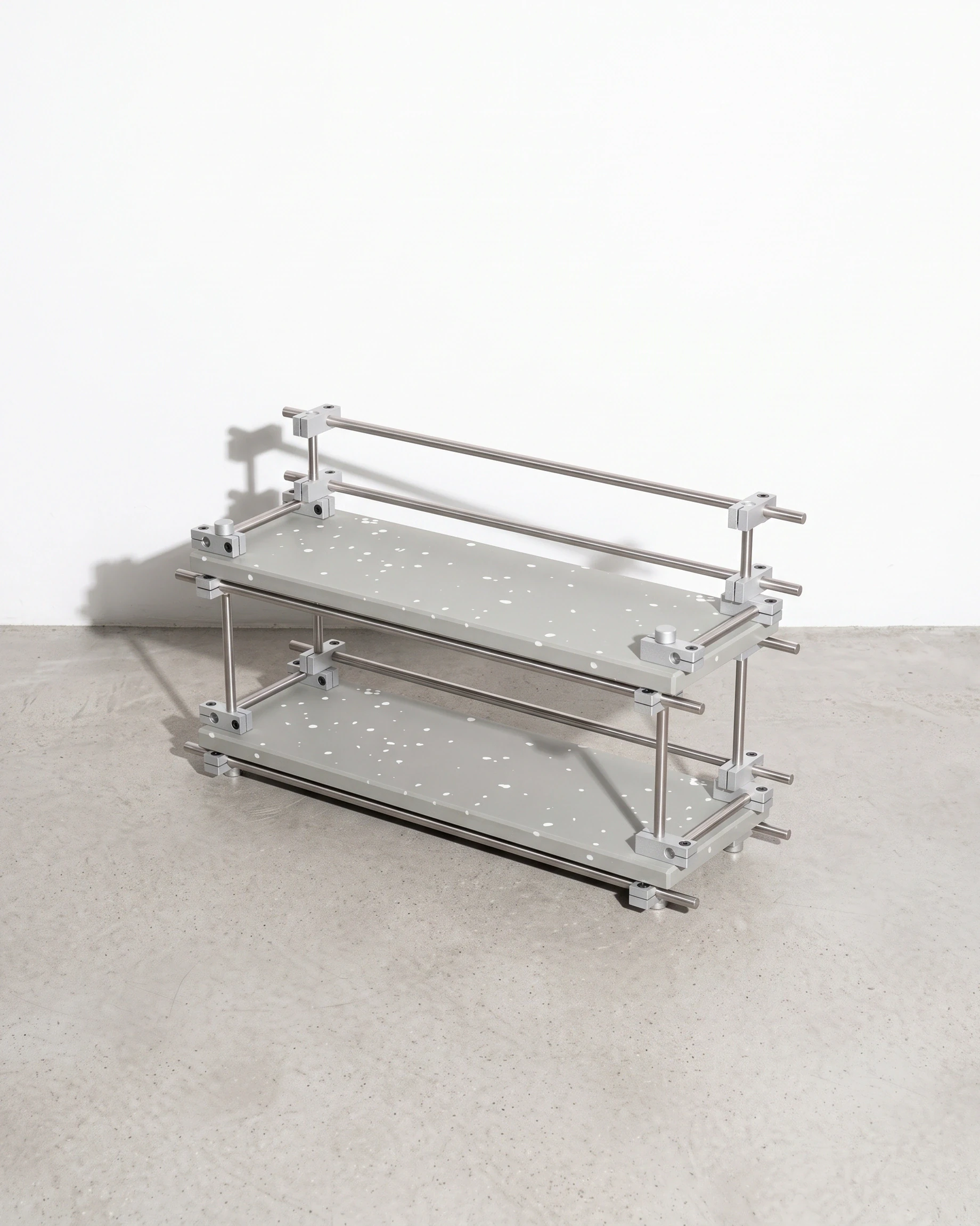 Chemist, two-level shelf 35 × 12, grey, white flecks: front right view